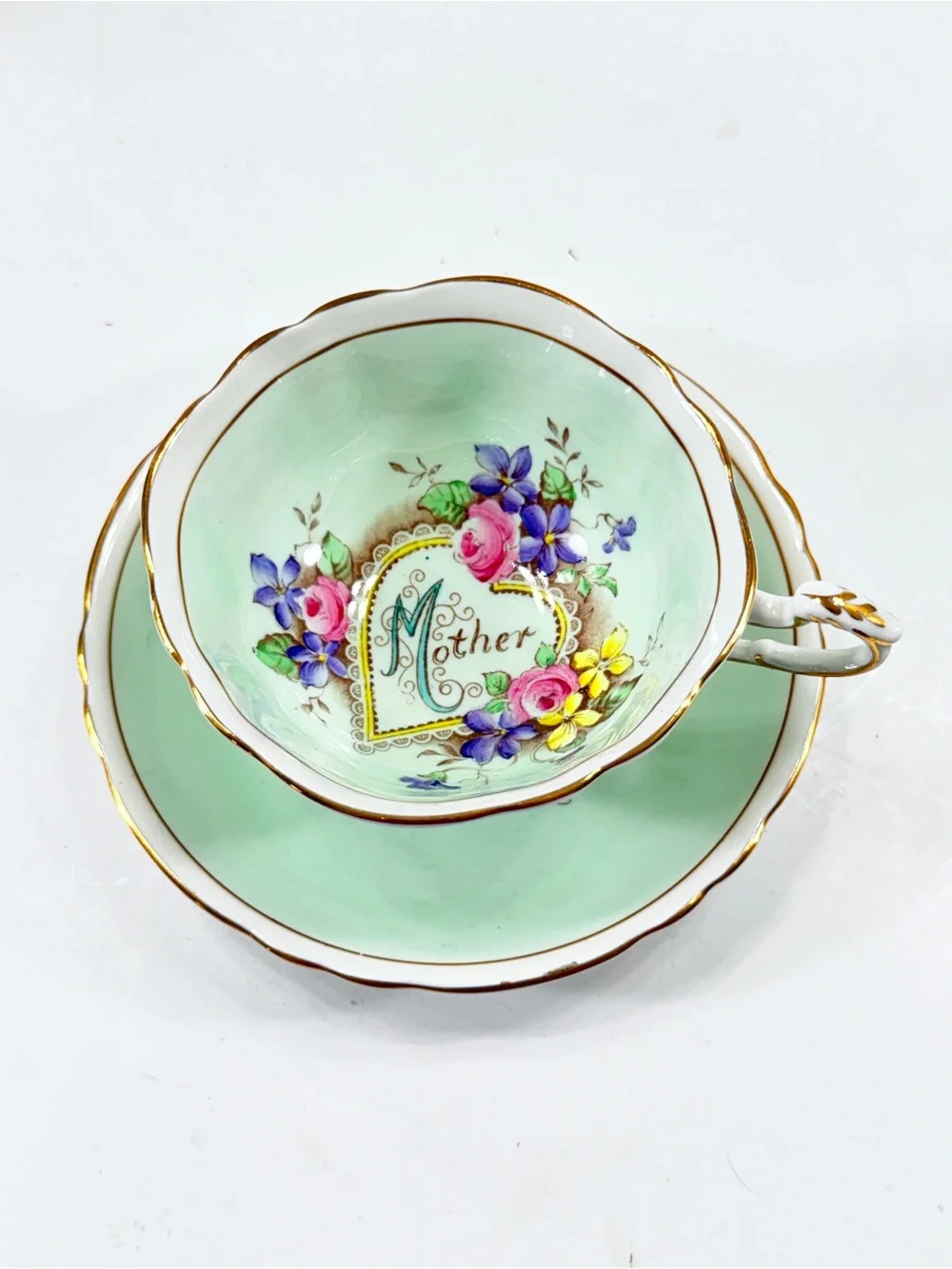 RARE Vintage PARAGON Bone China Teacup Cup & Saucer Double Warrant Mother Green